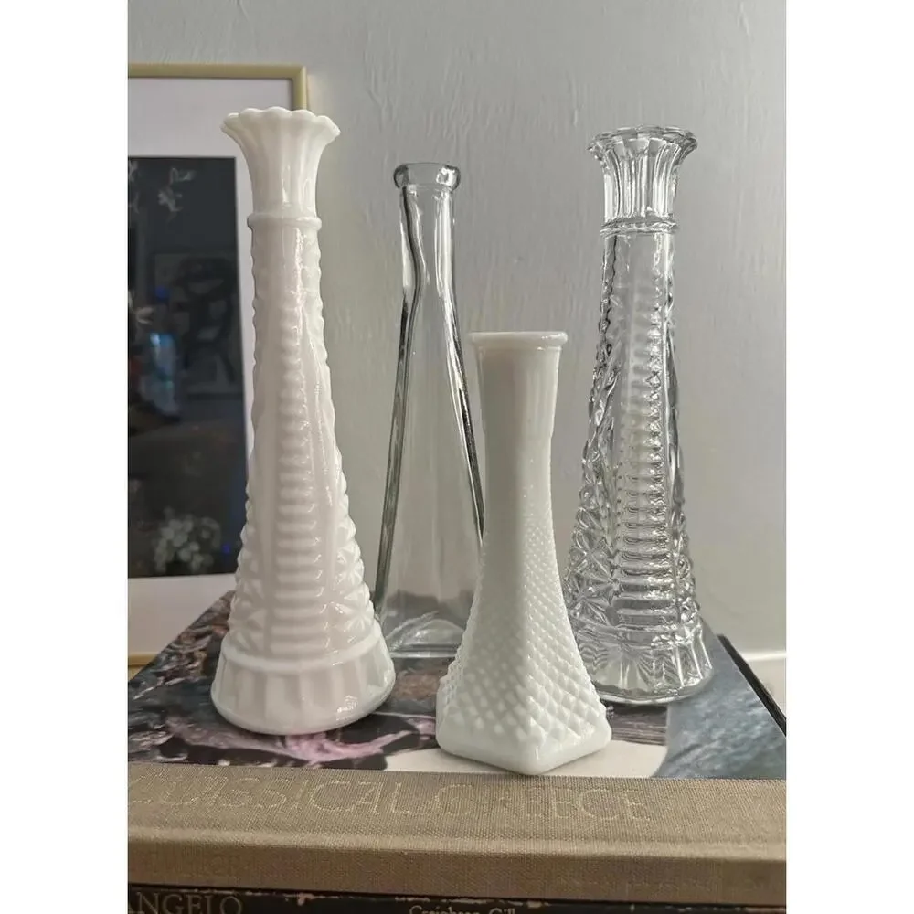 Set Of Four Vintage Milk And Clear Glass Vases Mid Century Modern Design